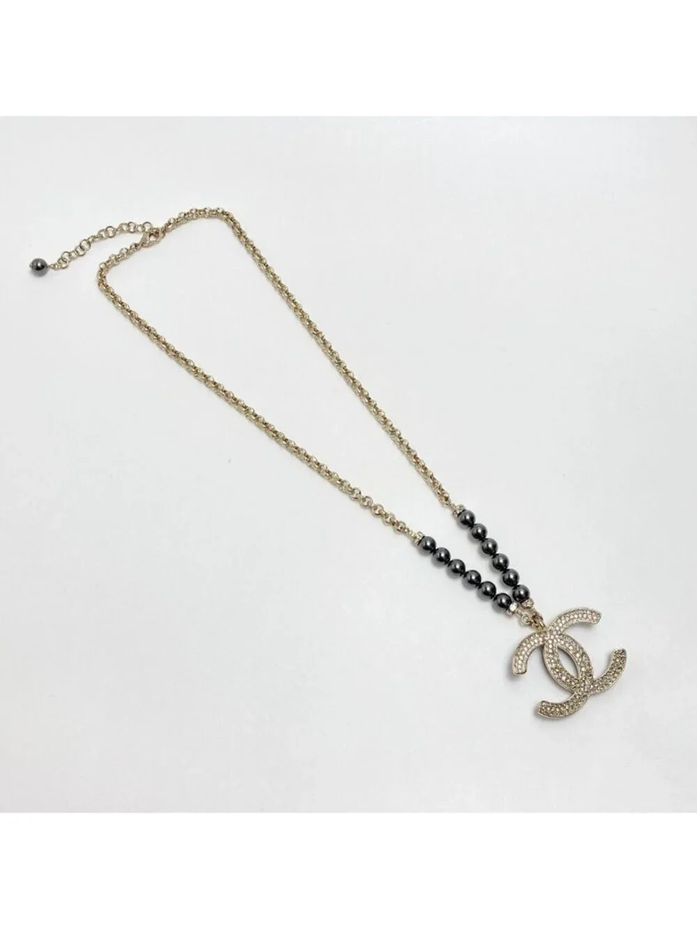 Chanel Coco Mark Rhinestone Faux Pearl Necklace C23 P Champagne Gold Black